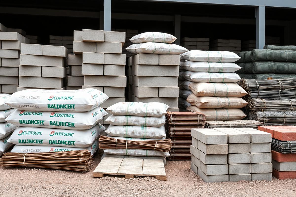 Concrete blocks, cement bags and rebar bundles