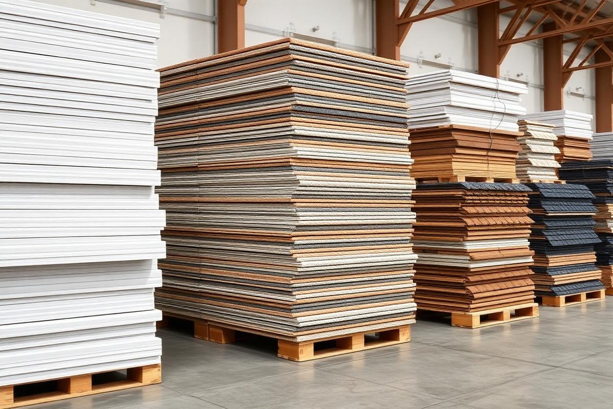 Drywall, insulation and roofing materials on pallets