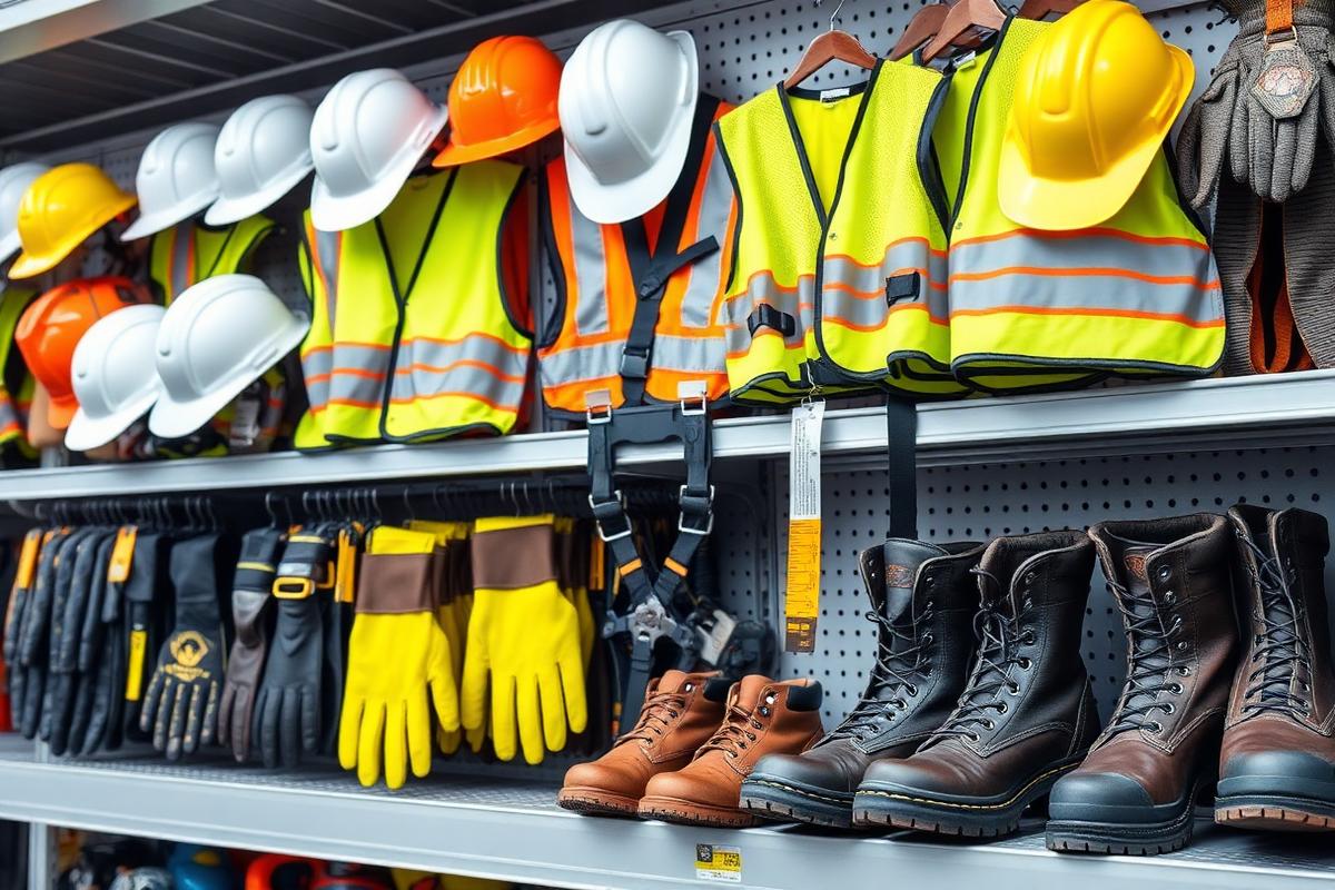 Hard hats, hi-vis vests, gloves and work boots