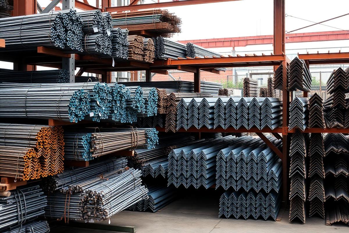 Structural steel, studs and angle iron on racks
