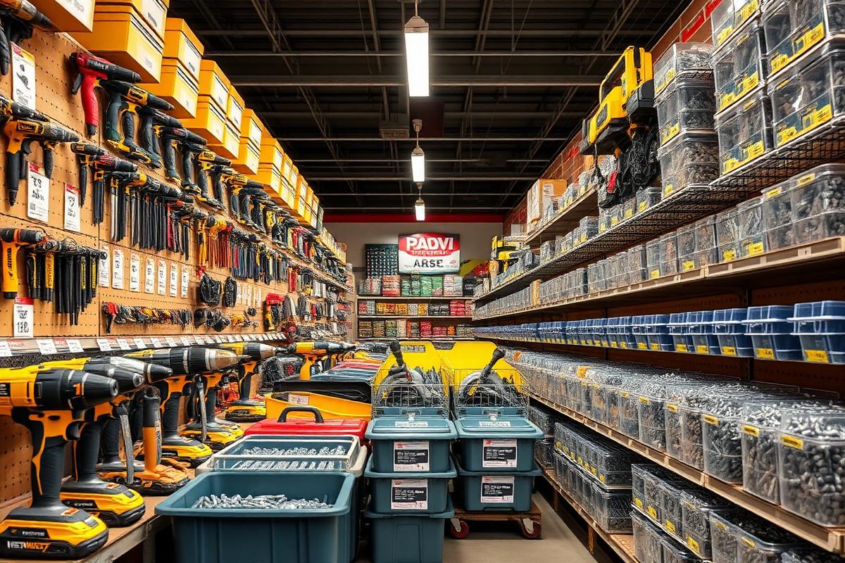 Power tools and fastener bins in the tool aisle